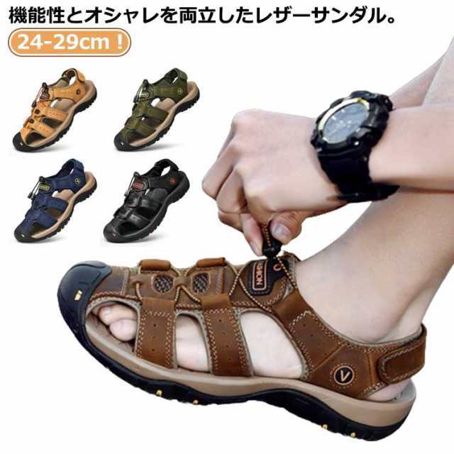 スポーツサンダル メンズ サンダル アウトドアサンダル 革 夏 つま先保護 マジックテープ コンフォートシューズ レザーサンダル 男性 ビ