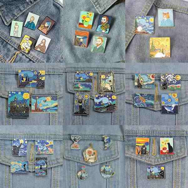 油絵エナメルピンとブローチ、ひまわり、夜の空、猫、ファッションラペルバッジ、バックパックジュエリー、友達へのギフト、3-5個、セット