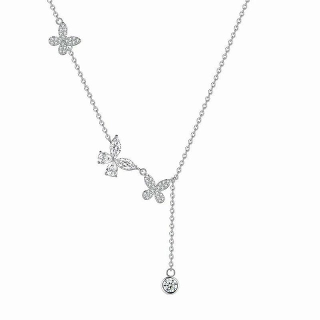 ミニバタフライ 蝶 長さ調整Y字ネックレス、レディース シンプル 可愛い Silver925 シルバー CZジルコニア 小さな蝶 ショートネックレス バタフライネックレス