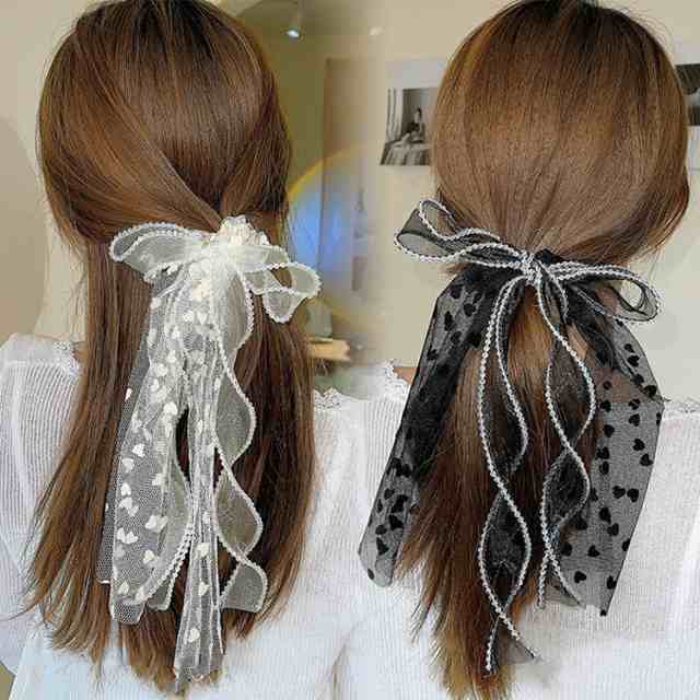 シュシュ ジュエリー ヘアアクセ アクセサリー ヘアアクセサリー アクセ ヘアアレンジ リボン チュール ハート柄 ブラック ホワイトママ 軽い シュシュ