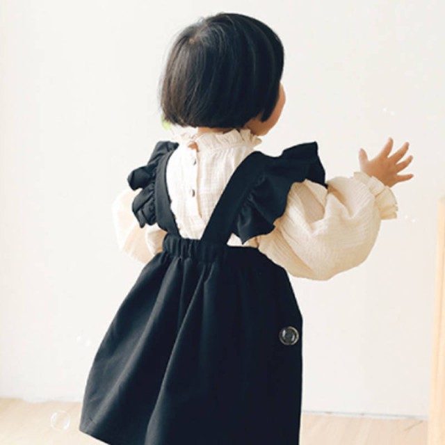 ブラウス トップス キッズ ベビー 子供服 長袖 クルーネック フリル袖 バルーンスリーブ 無地 花柄 しわ加工 ボタン 女の子 ガール 着回し ナチ