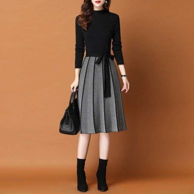 ニットワンピース レディース 秋冬 黒 40代 50代 卒業式 服 母 ママコーデ セーター プリーツスカート 切り替え 膝丈ワンピース ホワイトデーのお返し