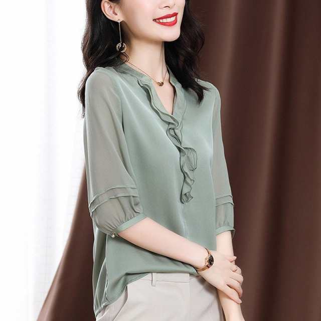 ブラウス レディース 長袖 秋冬 Vネック シャツ トップス シフォンシャツ オフィス きれいめ 大きいサイズ 30代 40代 50代 おしゃれ