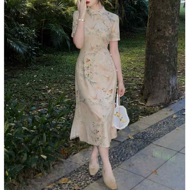 チャイナドレス レディース 夏 ワンピース ロング丈 マキシ丈 レトロ チャイナ風 半袖 シフォン aライン 花柄 スタンドカラー きれいめ 着?せ おしゃれ カジュアル 結婚式