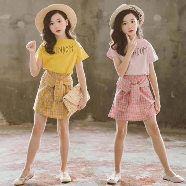 韓国子供服 2点セット 春夏 Tシャツ+スカート綿 半袖 チェック柄 スカート 切り替え アップ ゆったり カジュアル リゾート キッズ 可愛いかわいい 通学