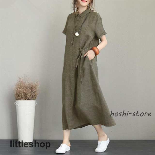 シャツワンピース レディース ロング丈 マキシ丈 半袖 リネン シャツ ワンピース 春 夏 春服 夏服 きれいめ ゆったり チュニック トップス 羽織