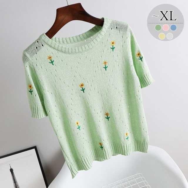 Tシャツ トップス ラウンドネック 花柄 半袖 透け感 ナチュラルコーデ 涼しげ サマーニット お出かけ 上品 きれいめ 休日スタイル