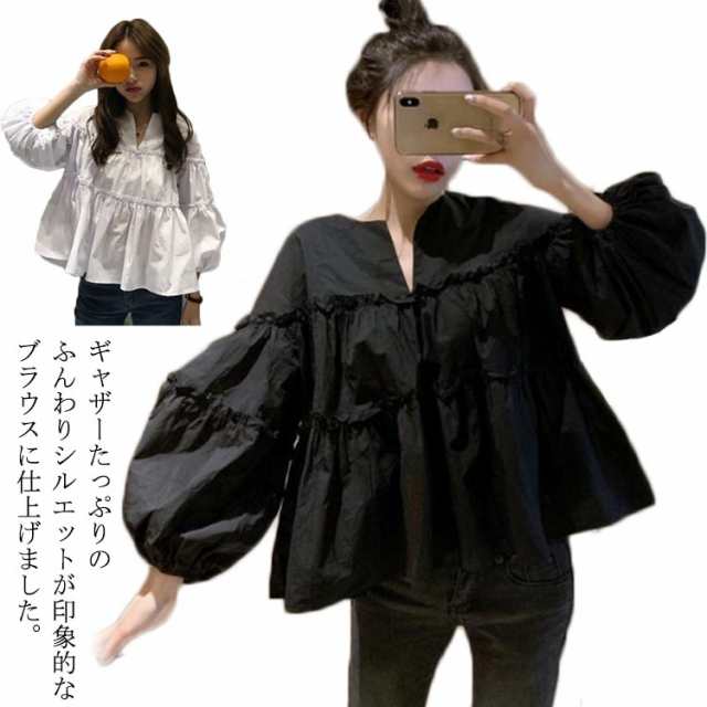 【送料無料】ブラウス レディース 長袖 タック Vネック ゆったり 体型カバー メロー ギャザー カジュアル 大人 可愛い 韓国 春 夏 秋 着やせ 20代 30代 40代 50代 白 ホワイト 黒 