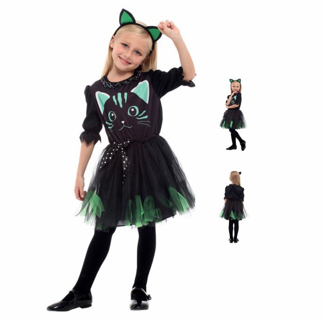 送料無料 2点セット ハロウィン 衣装 子供 猫娘 コスプレ 子供用 ネコ娘 ワンピース カチューシャ コスチューム HALLOWEEN 仮装 魔女 イベント こども チュール M L XL