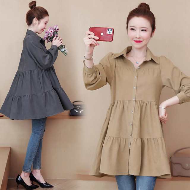 ティアード シャツ チュニック レディース 長袖 トップス ロングシャツ 大きいサイズ 3L 4L 5L 6L 春 秋 羽織り シャツワンピース ミニ丈