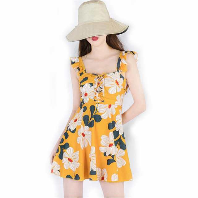 水着 レディース ワンピース水着 女性 ビーチウェア ノースリーブ ショートパンツ プリント 花柄 黄色 女子水着