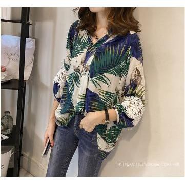 シャツ リーフ リゾート 花柄レース 7分袖 アロハ プルオーバー スキッパーネック ルーズ 体型カバー 春夏 Good Clothes