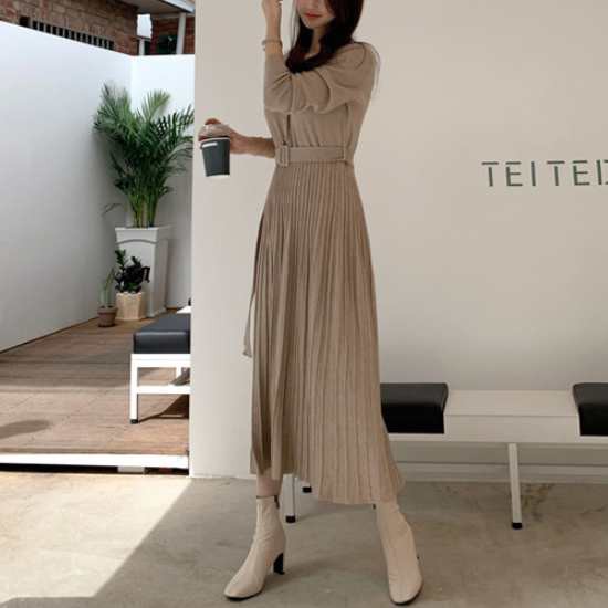 2色 ワンピース 長袖 秋冬 きれいめ 大きいサイズ ロング フォーマル aライン ニット ワンピ ミモレ丈 Vネック セミフレア プリーツ ベル