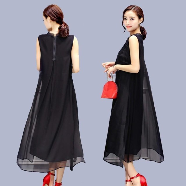 ワンピース 袖なし シフォン マキシ丈 ロング 黒 白 春 夏 上品 おでかけ ドレス 薄手 スリット パーティー Good Clothes