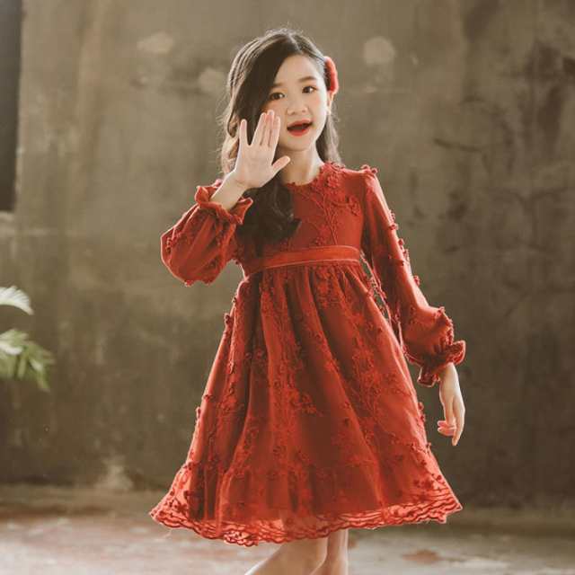 子供服 長袖ワンピース 子供 女の子 ワンピース 長袖 キッズ ナチュラル ガーリー シック ロリータ クルーネック ひざ丈 レース Aライン 赤 花柄 ファスナー セレモニー 結婚式 フォーマル か