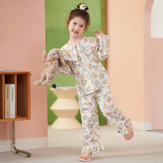 パジャマ キッズ 女の子 綿100％ 長袖 裾フリル 可愛い かわいい 前開き 花柄 北欧のお花柄 90 100 120 130 140 150 子供 ジュニア ガールズ おそろい 寝間着 春秋 部屋