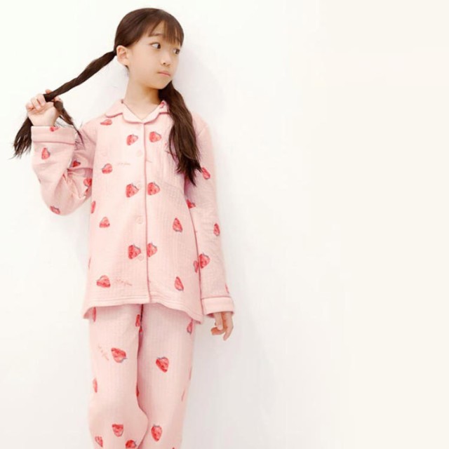 キッズ パジャマ 女の子 綿100％ ルームウェア 長袖 子供 キルト ニット 100cm 110cm 120cm 130cm 140cm 150cm 95 冬 春 秋 冬用 前開き 前ボタン ピンク
