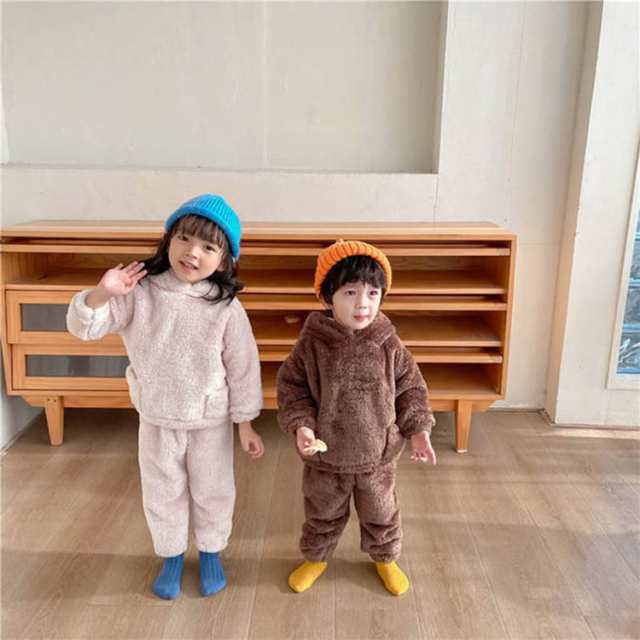 パジャマ 子供 ルームウェア もこもこ キッズ 冬 可愛い 上下セット 長袖 クマ耳付き フード ホームウェア 無地 ポケット パーカー 2点セット 女の子 男の子 寝間着 かわいい 部屋着 秋冬 暖