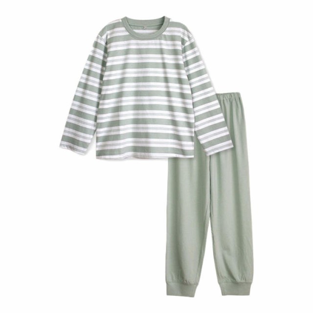 パジャマ キッズ 男の子 女の子 綿100％ 長袖 春 夏 柔らかく軽い薄手の快適Tシャツ ボーダー アッシュミント 130 140 150 160 子供 男女兼用 ボーイズ ガールズ ジュニア 部屋