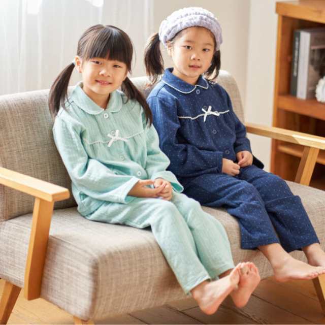 パジャマ キッズ 女の子 内側が綿100% 長袖 冬 ふんわり柔らかなニットキルト ドット柄 前開き ボタン シャツ ネイビー ミント ブラウン 130 140 150 160 子供 ガールズ ジュニ