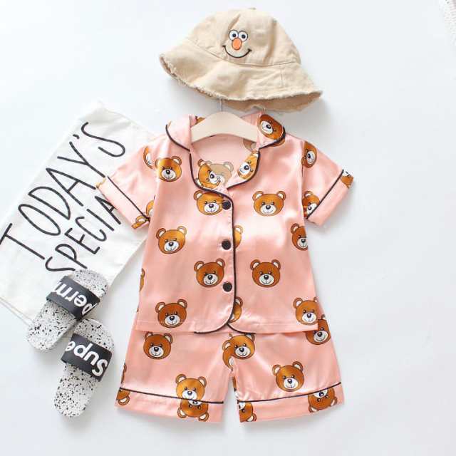 パジャマ キッズ 女の子 綿100％ 半袖 春 夏 前開き かわいい いちご/クマ柄 薄手のシャツ ピンク ネイビー 80 90 100 110 子供 ベビー服 幼児服 ジュニア ガールズ ボーイズ 
