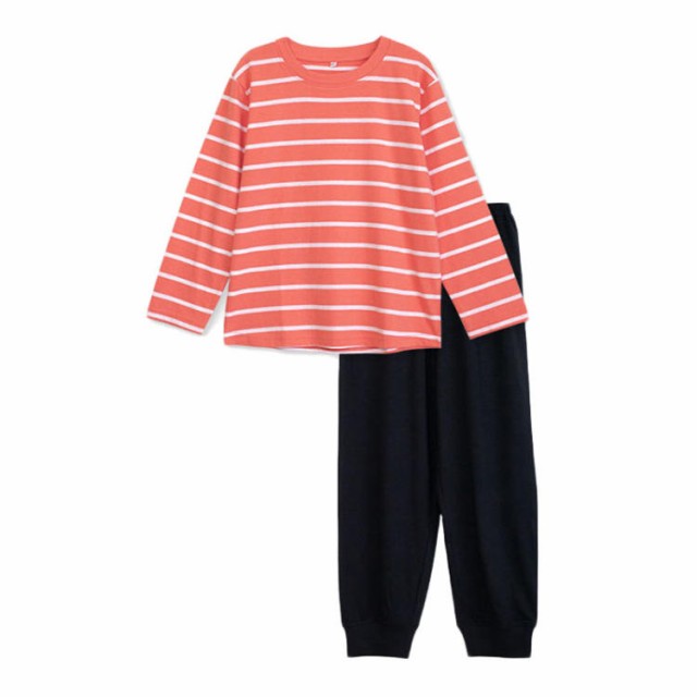 パジャマ キッズ 男の子 女の子 綿100％ 長袖 春 夏 柔らかく軽い薄手の快適Tシャツ ボーダー コーラルオレンジ 130 140 150 160 子供 男女兼用 ボーイズ ガールズ ルームウェア