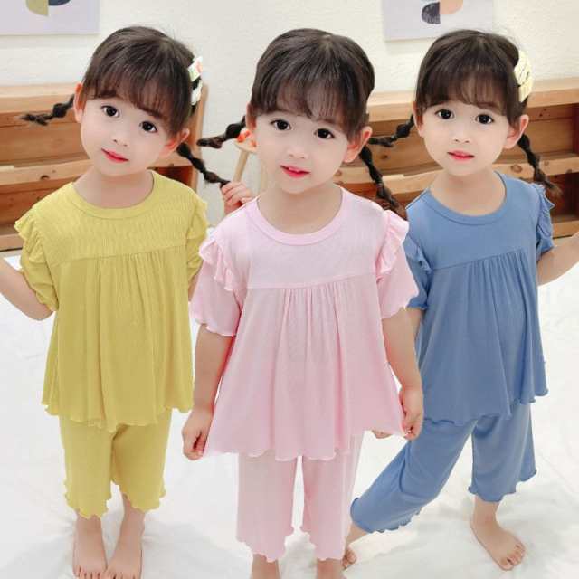 キッズ パジャマ 女の子 半袖 綿100% ルームウェア 90cm 100cm 110cm 120cm 130cm 春夏 夏 夏用 子供 女子 フリル かわいい おしゃれ 可愛い イエロー ピンク 北