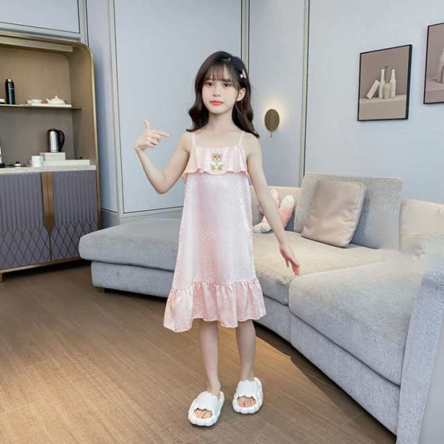 パジャマ 女の子 ガールズ キッズ キャミソール 春 夏 レーヨン ワンピース ネグリジェ 可愛 ナイトドレス 子供服 部屋着 寝間着 肌触りがいい 子供用 ゆったり 着心地良い 110-170cm 