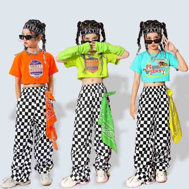 チェック柄 キッズ ダンス衣装 セットアップ 女の子 緑 おしゃれ かっこいい ファッション 白 ショート トップ へそ出し 肩だし 袖 シャツ トップス ロングパンツ