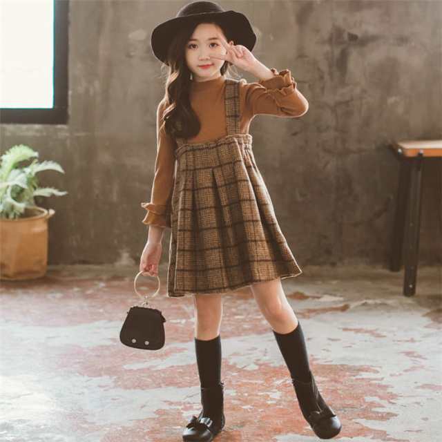 子供服 キッズ 二点セット ワンピース セーター スカート キッズ チェック Aライン ブラック イエロー 長袖 セットアップ