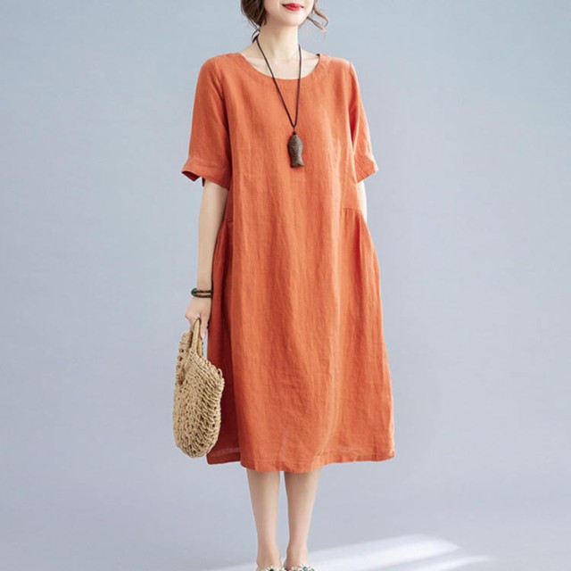大きサイズ ワンピース 夏 クルーネック ワンピース 半袖 夏ワンピ 膝丈 ミディアム丈 ロングtシャツ ロングT カットソー ポケット カジュアル ルームウエア 部屋着 大きいサイズ 通気性良い ル