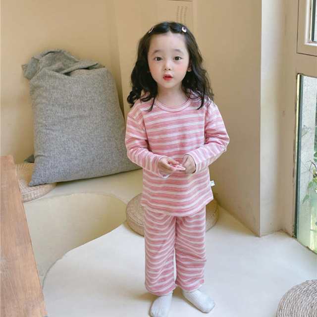 パジャマ セットアップ ハイウエスト ラウンドネック プルオーバー シンプル 無地 子供 長袖 長ズボン ベビー ストライプ おしゃれ 上下2点セット ゆったり 寝巻き 部屋着 柔らか ルームウェア 