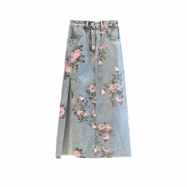 花柄スカート 脚長効果 デニム スカート aライン レディース 春夏 レジャー オフィス 通勤 スリット ハイウェスト ロングスカート Aラインスカート デニムスカート 花柄 ロング 膝下 きれいめ 