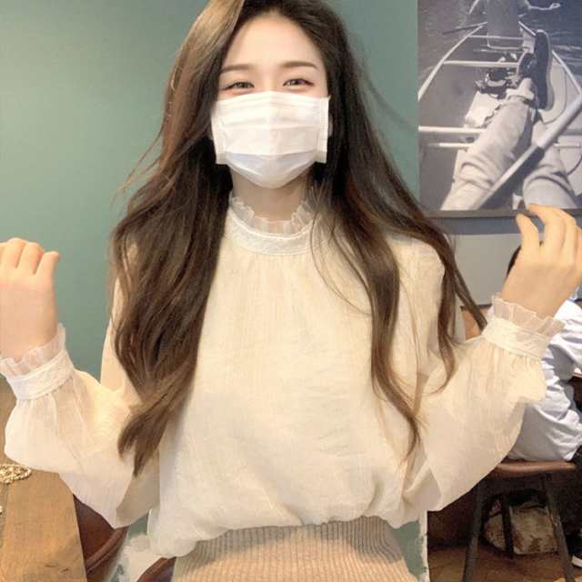 レース シャツ ブラウス レディース トップス シフォン ハイネック フリル 立ち襟 女性らしい 可愛い 着痩せ 長袖 おしゃれ 通勤 オフィス カジュアル デート デイリー フォーマル ビジネス 入