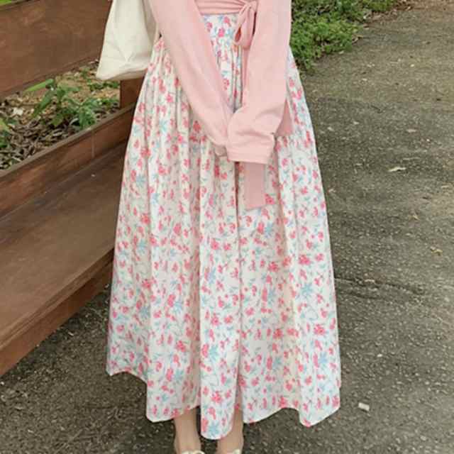 花柄スカート aライン フレア ホワイト レディース ハイウェスト 春秋 通学 通勤 プリント 花柄 ロングスカート アンブレラスカート ウエストライン 脚長効果 膝下 着回し フレアスカート ロング