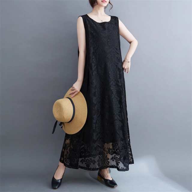 ワンピース レディース ロング丈 夏秋 オケージョン 総レース きれいめ ノースリーブ レース ドレスワンピース 1枚でサマになる 上品 美しいシルエット