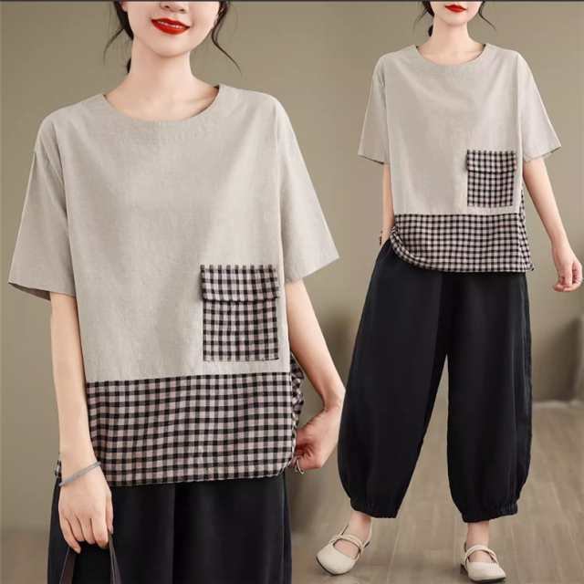 Tシャツ レディース トップス カットソー 半袖 クルーネック 綿100％ 体型カバー 配色 プルオーバー おうちコーデ ファッションも楽しめる 大人っぽい