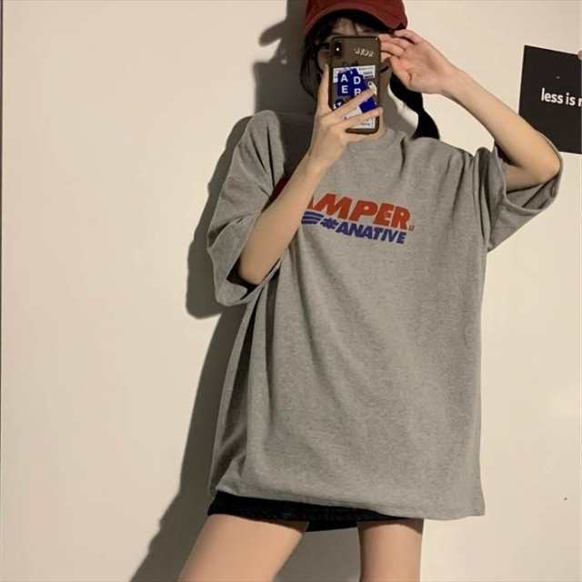 トップス レディース S M L グレー 半袖 5分袖 Tシャツ チュニック プルオーバー クルーネック 英字 ロゴ プリント ドロップショルダー 長め丈 デザイン ゆったり だぼ ビッグシルエット