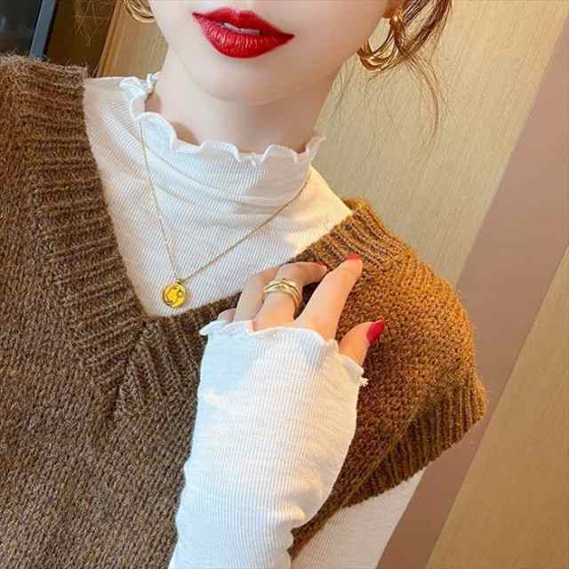 トップス レディース 5カラー S M L XL ホワイト イエロー ブラック ブラウン ブルー リブ ニット メロウ フリル ハイネック モックネック 長袖 伸縮性 ロングTシャツ デザイン シンプ