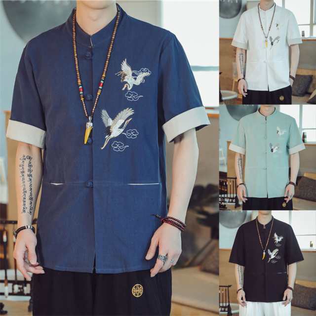 Tシャツ メンズ リネンシャツ 半袖 刺繍 切替 細身 薄手 鶴柄 カジュアル 夏物 涼しい シャツ 薄手 新作 綿麻 吸汗速乾 おしゃれ 大きいサイズあり
