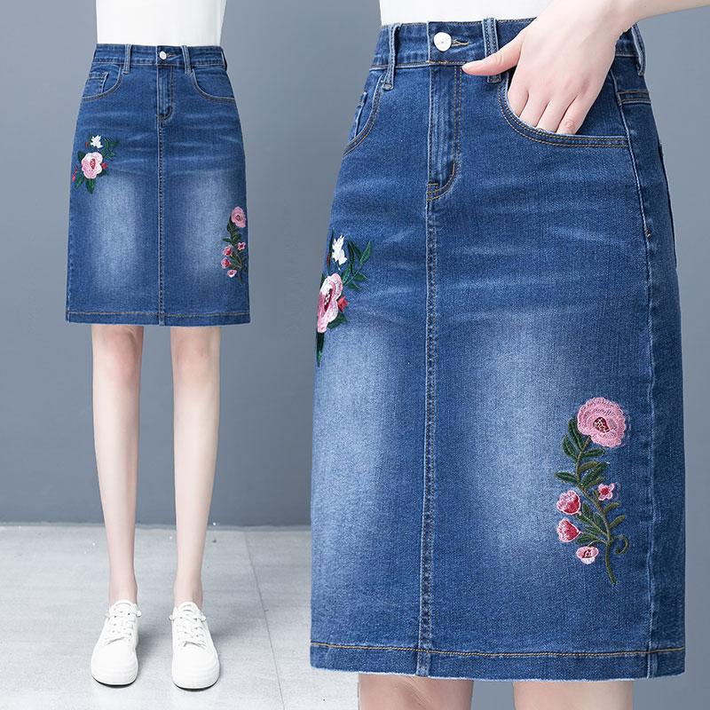 デニムスカート レディース ショートスカート ハーフ ミディアム ひざ丈 タイトスカート おしゃれ 刺繍 花柄 通学 通勤 春夏 女子 ボトムス