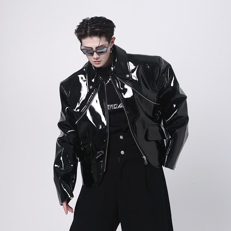 ジャケット メンズ カジュアル コート 革ジャン 長袖 アウター ライダースジャケット エナメル ダンスウェア 発表会 ライブ クール 外套 男子 上着