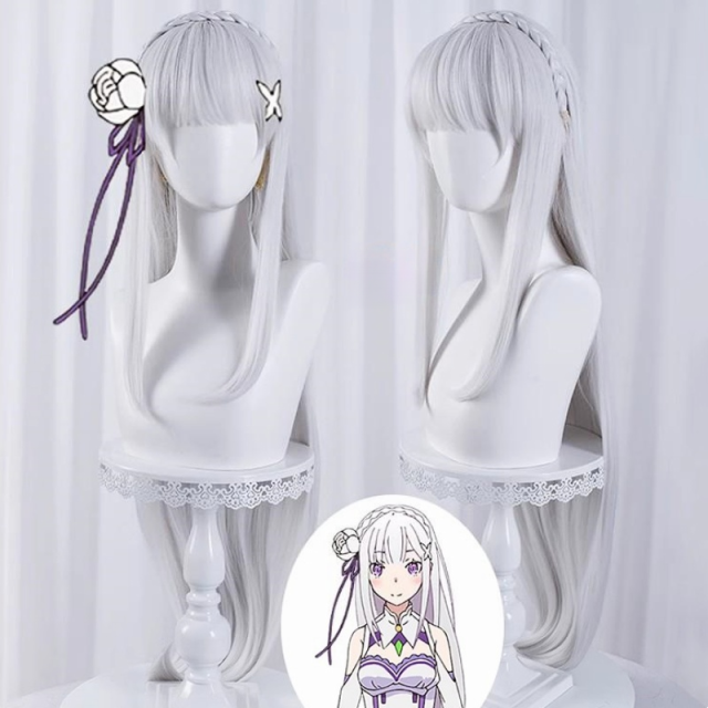 【送料無料】コスプレ エミリア えみりや EMILIA 氷結の魔女 Re:ゼロから始める異世界生活 Re:Zero リゼロ コスプレウィグ ウィッグ かつら ウィッグネット付き 白い三つ編みロングヘア