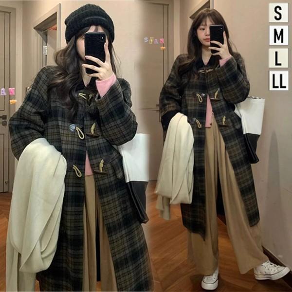 ダッフルコート ステンカラーコート チェック柄 レディース ロング丈 ロングコート 女性 ダッフル コート トップス アウター