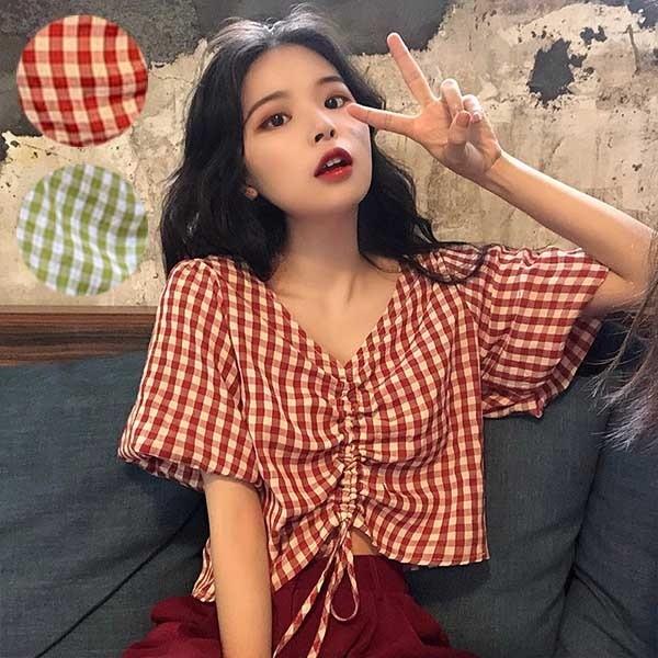 トップス 半袖 Tシャツ カットソー チェック ブッファン?スリーブ ブッファン袖 ブラウス 大人カジュアル