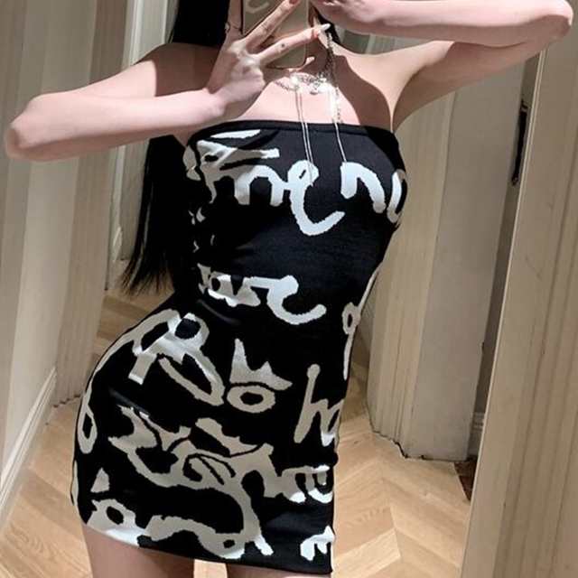 ベアトップ ニット ロゴワンピース レディース トップス ワンピース ニット インナー ミニ ノースリーブ オープンショルダー キャミソール オフショルダー タイト フェミニン 伸縮性 リブニット 大