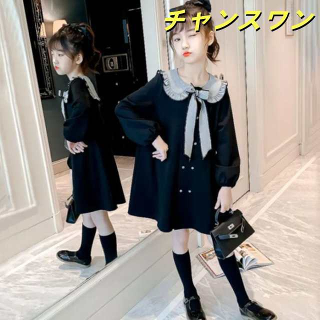 キッズ ワンピース 春秋 長袖 学院風ワンピース ミディアム丈 丸襟 リボン 姫系 セーラー襟 Aライン フリルワンピース 無地 ロングワンピース シンプル カジュアル オシャレ 子供服 女の子 おで