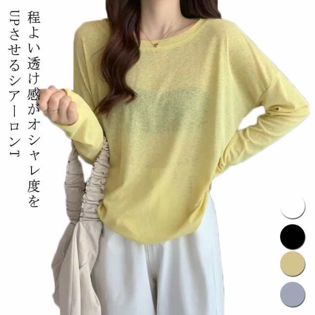 シアーロングスリーブTシャツ 長袖 シアートップス レディース 春 tシャツ 重ね着 レイヤード ロンT Uネック 長袖 トップス 送料無料 透け感 体型カバー 黒 白 ブラック ホワイト