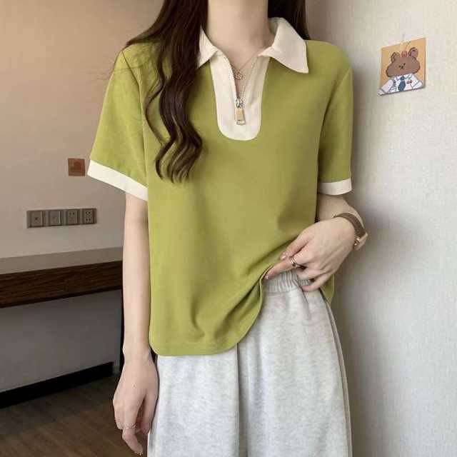 ポロシャツ 半袖 ボーダー ニット トップス サマーニット ポロニット tシャツ vネック スキッパー ボーダー柄 襟付き ポロ ハーフジップ