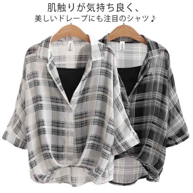 ブラウス レディース 半袖 タックブラウス トップス シャツ 二の腕カバー キャミソール付き チェック 仕事 大人 ゆったり フレア袖 カジュアル 体型カバー 着痩せ